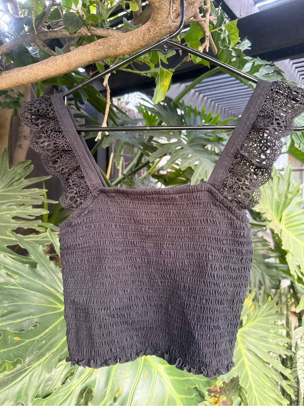 Express Black Smocked Lace-Trim Crop Top